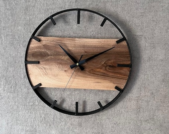 Handmade Walnut Wall Clock: Black Metal Frame, Silent Movement