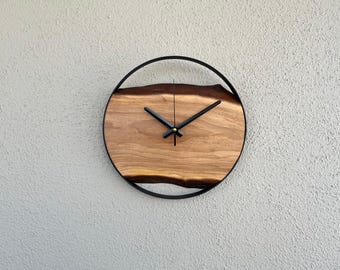 Handcrafted Walnut Wall Clock: Minimalist Metal Hoop Design
