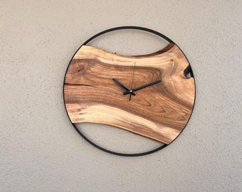 Handcrafted Walnut Wall Clock: Modern Minimalist Black Metal Frame