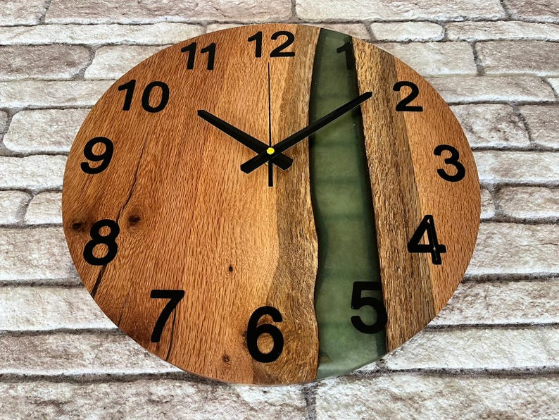 Handcrafted Oak Wood Wall Clock: Metallic Green Resin, Bold Numbers (16 ...