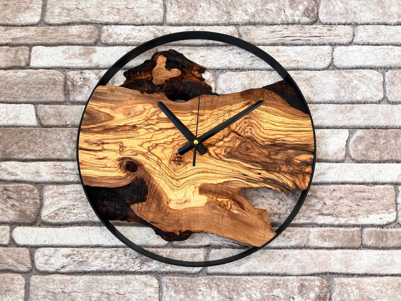 Handcrafted Olive Wood Wall Clock With Black Frame: Rustic Modern Decor ...