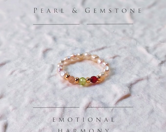 Handmade Pearl Gemstone Ring, Elastic Beaded Band, Natural Crystal Mix, Stackable Minimalist Jewelry