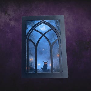Carte de voeux gothique et mystérieuse de <br> Profitez-en ! 5 x 7 avec enveloppe | Gothique fantaisiste | Carte gothique faite main de chat noir | Amoureux des chats