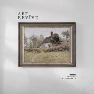 Puede incluir: Impresión artística enmarcada de un paisaje rural con una cabaña con techo de paja y un camino. La obra de arte está en una paleta de colores apagados, con el texto "ART_REVIVE" en la parte superior y "REVIVING MASTERPIECES" en la inferior.