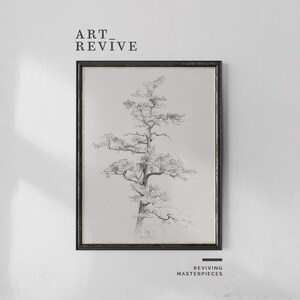 Puede incluir: Impresión artística enmarcada en negro con un dibujo a lápiz detallado de un árbol. La obra de arte está centrada sobre un fondo claro. El texto "ART REVIVE" está en la parte superior y "REVIVING MASTERPIECES" en la inferior.