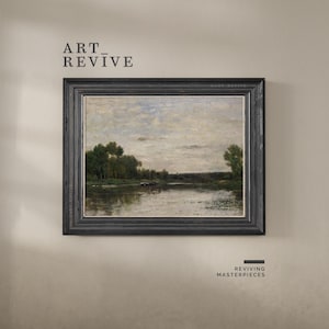 Pode incluir: Uma pintura de paisagem emoldurada com uma cena de rio, árvores e um céu nublado. A obra de arte está em uma moldura escura e ornamentada. O texto "ART_REVIVE" está no topo e "REVIVING MASTERPIECES" na parte inferior.