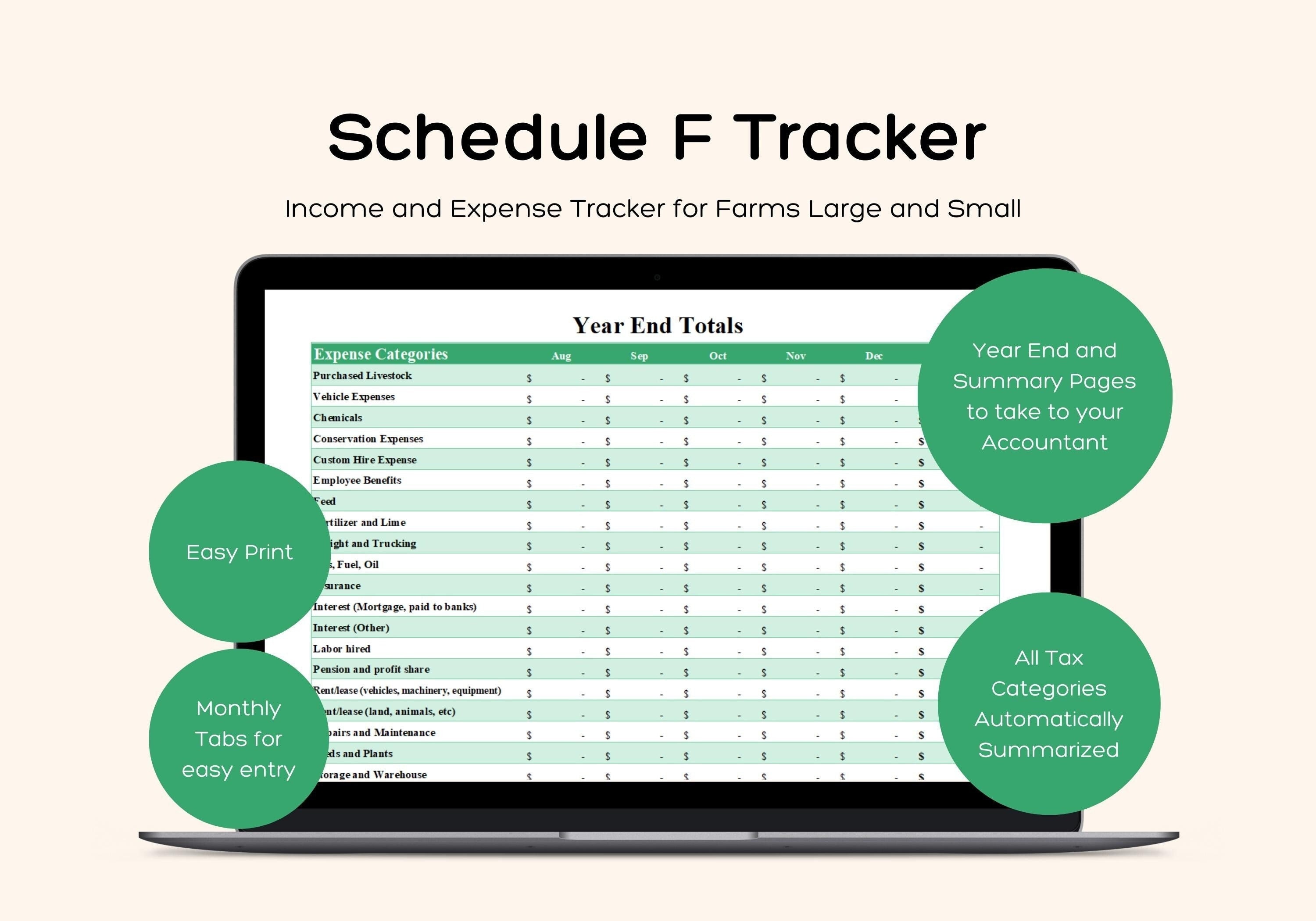Schedule F Tracker, Farm Taxes Expense Tracker, Excel Spreadsheet Template, Automatic Tax Categories, Printable Recordkeeping