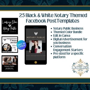 May include: A set of 25 black and white Facebook post templates for notary public businesses. The templates are designed to be edited in Canva and include a variety of designs, including a professional notary services template, a template with a notary public's name and contact information, and a template with a notary public's website address. The templates are pre-sized for Facebook and can be used to promote notary services, share information about notary laws, or connect with potential clients.
