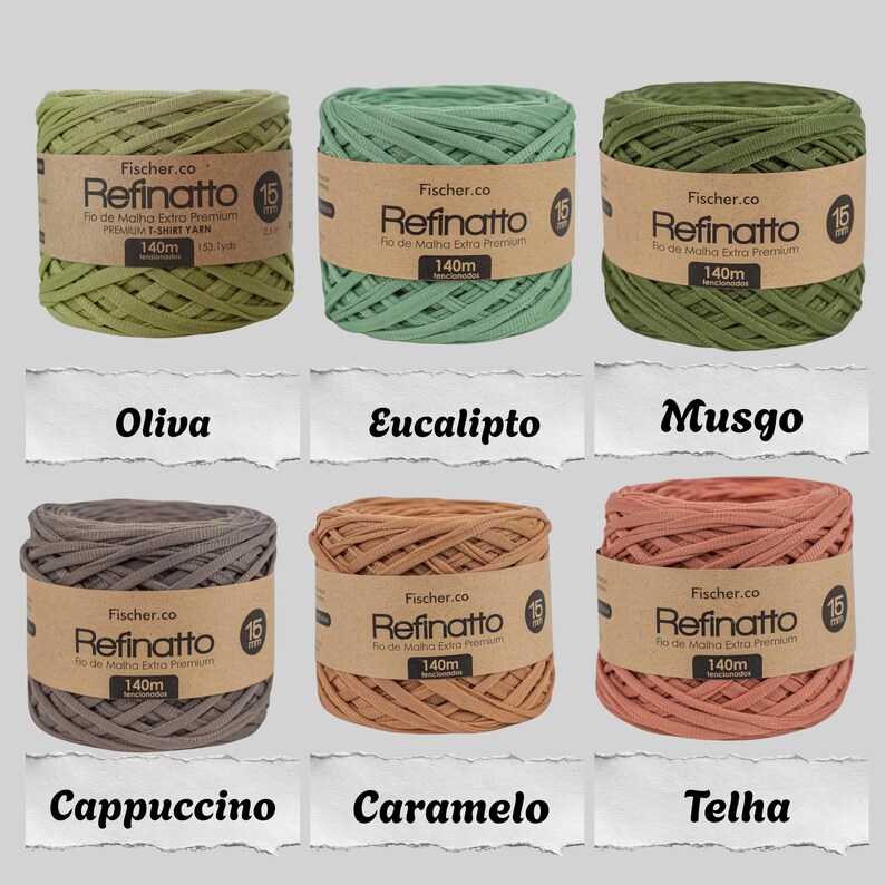 Peut inclure: Six bobines de fil t-shirt premium Fischer.co Refinatto dans des tons olive, eucalyptus, mousse, cappuccino, caramel et terre cuite. Chaque bobine porte une &eacute;tiquette en papier indiquant une longueur de 140m et une &eacute;paisseur de 15mm.