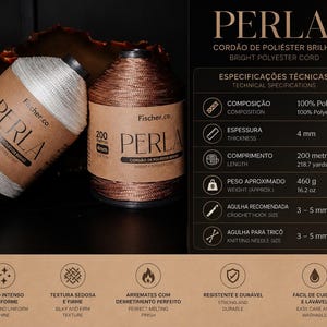 May include: Two spools of Perla bright polyester cord in white and copper, each 4 mm thick and 218.7 yards long. The label specifies 100% polyester composition, 16.2 oz weight, and a recommended 3-5 mm crochet hook or knitting needle size for crafting.