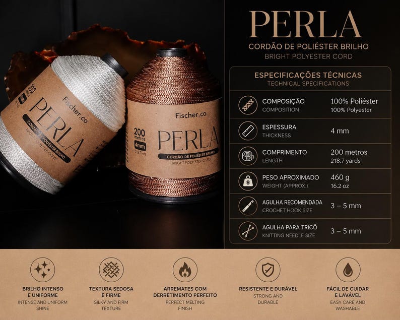 May include: Two spools of Perla bright polyester cord in white and copper, each 4 mm thick and 218.7 yards long. The label specifies 100% polyester composition, 16.2 oz weight, and a recommended 3-5 mm crochet hook or knitting needle size for crafting.