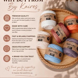 Peut inclure: Cinq pelotes de fil Refinatto en blanc, orange, rose, beige et bleu, chacune avec une &eacute;tiquette en papier indiquant 140m, dispos&eacute;es dans un panier rond en osier. L'image contient le texte : WHY BUY FROM By Kairos, PREMIUM QUALITY, MADE WITH CARE, FAST & RELIABLE SHIPPING, DEDICATED SUPPORT, A BRAND YOU CAN TRUST, Thank you for supporting our small business, By Kairos, INSPIRING CREATIVITY, ONE STITCH AT A TIME, @bykairosus.