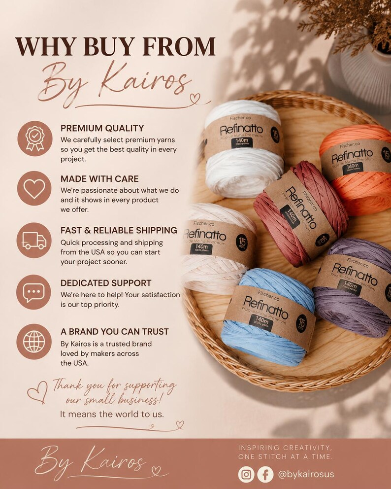 Peut inclure: Cinq pelotes de fil Refinatto en blanc, orange, rose, beige et bleu, chacune avec une &eacute;tiquette en papier indiquant 140m, dispos&eacute;es dans un panier rond en osier. L'image contient le texte : WHY BUY FROM By Kairos, PREMIUM QUALITY, MADE WITH CARE, FAST & RELIABLE SHIPPING, DEDICATED SUPPORT, A BRAND YOU CAN TRUST, Thank you for supporting our small business, By Kairos, INSPIRING CREATIVITY, ONE STITCH AT A TIME, @bykairosus.
