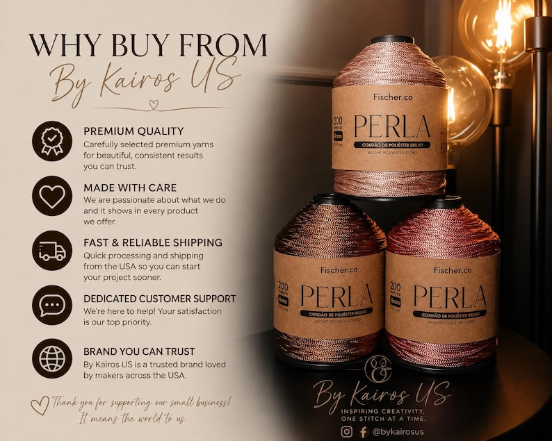 May include: Three spools of Fischer.co Perla bright polyester cord in metallic rose gold and copper tones. Each spool features a brown paper label with the text PERLA, CORD&Atilde;O DE POLI&Eacute;STER BRILHO, and BRIGHT POLYESTER CORD, stacked on a dark surface.