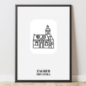 Könnte beinhalten: Schwarz gerahmter Druck mit einer minimalistischen Strichzeichnung eines Gebäudes mit Turm. Der Text "ZAGREB HRVATSKA" ist darunter in Schwarz gedruckt. Das Kunstwerk ist vor einem weißen Hintergrund platziert.