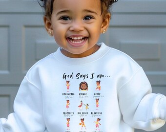 Christian Baby Girl PNG | God Says I Am | Toddler Sublimation | Afro Girl Design | Faith Png
