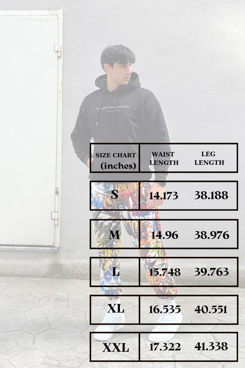 K&ouml;nnte beinhalten: Gr&ouml;&szlig;entabelle f&uuml;r Hosen in Zoll. Die Tabelle zeigt die Taillen- und Beinl&auml;ngen f&uuml;r die Gr&ouml;&szlig;en S, M, L, XL und XXL.
