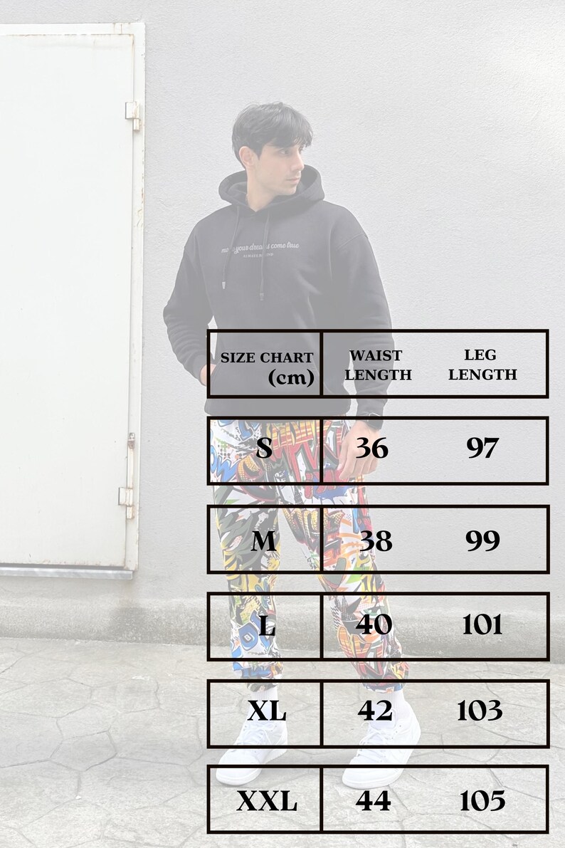 K&ouml;nnte beinhalten: Gr&ouml;&szlig;entabelle f&uuml;r Hosen mit Ma&szlig;en in Zentimetern f&uuml;r Bundweite und Beinl&auml;nge. Die Tabelle zeigt die Gr&ouml;&szlig;en S, M, L, XL und XXL mit entsprechenden Bundweiten von 36, 38, 40, 42 und 44 cm und Beinl&auml;ngen von 97, 99, 101, 103 und 105 cm.