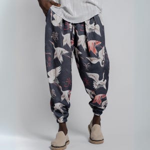 Spodnie haremowe unisex z nadrukiem żurawia: japońskie spodnie typu joggers w stylu streetwear