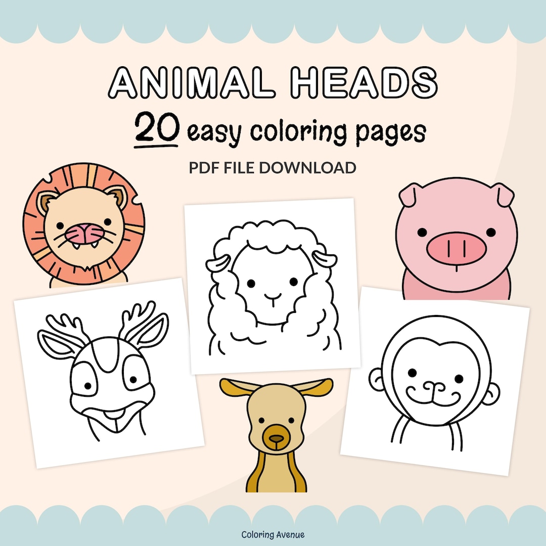 Animal Heads Coloring Pages Set of 20 Super Cute Bold and Easy
