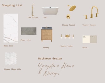 Vooraf gemaakt badkamermoodboard, boodschappenlijstje, virtueel interieurontwerp, online ontwerper, woondecoratie, digitaal, online decorateur, ontwerpbord