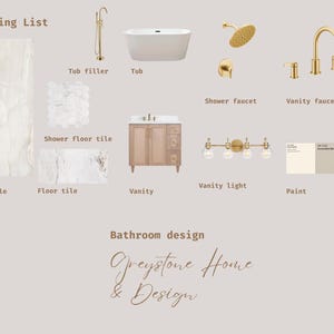 Tablero de ideas para baños prediseñados, lista de compras, diseño de interiores virtual, diseñador en línea, decoración del hogar, digital, decorador en línea, tablero de diseño