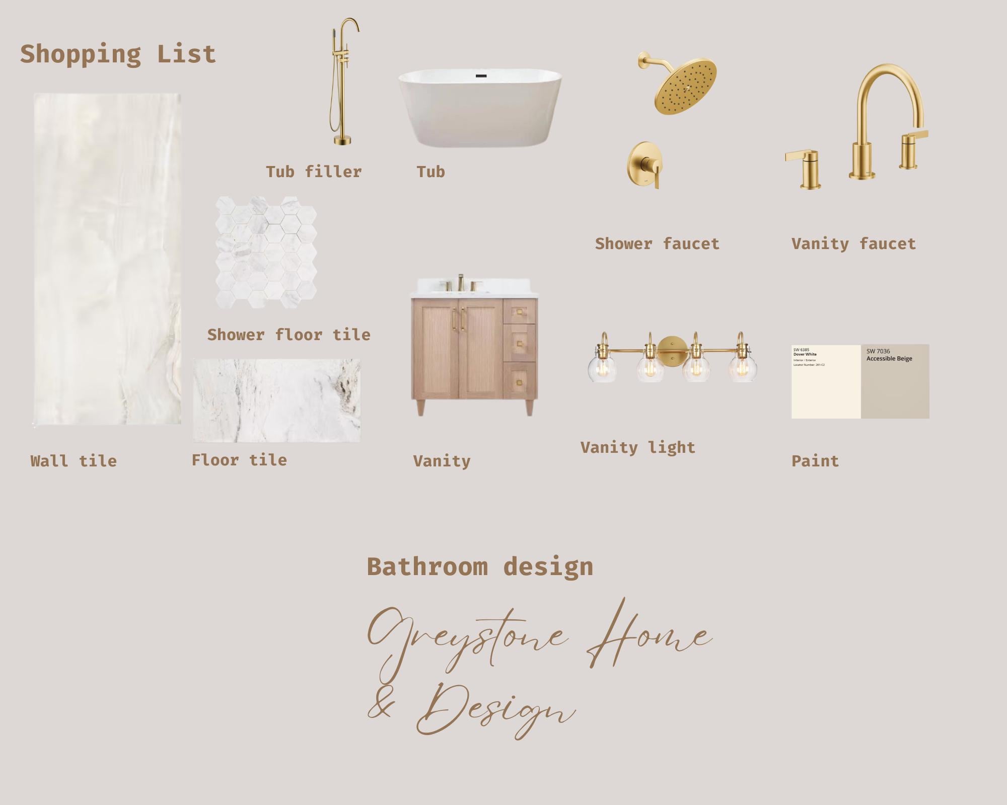 Vooraf gemaakt badkamermoodboard, boodschappenlijstje, virtueel interieurontwerp, online ontwerper, woondecoratie, digitaal, online decorateur, ontwerpbord