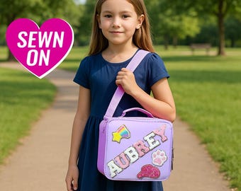 Custom Lunch Bag with Strap Personalized Nylon Lunch Box Bag Kid Chenille Patches Back to school Customizable Monogram Boy Girl Student Gift