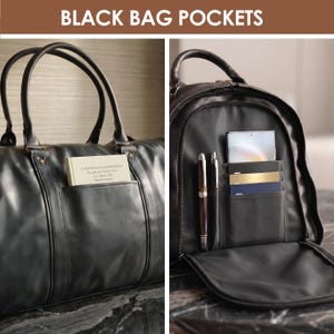 May include: A black bag with the text BLACK BAG POCKETS at the top. The left side shows a duffel bag with an exterior pocket holding a book. The right side shows an open bag interior with a pen, a smartphone, and card slots holding three cards.