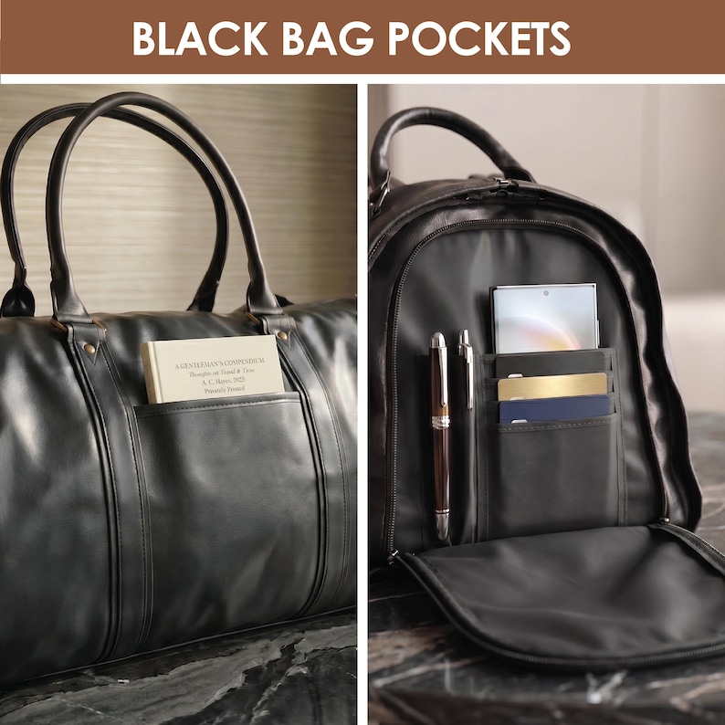 May include: A black bag with the text BLACK BAG POCKETS at the top. The left side shows a duffel bag with an exterior pocket holding a book. The right side shows an open bag interior with a pen, a smartphone, and card slots holding three cards.