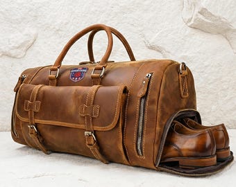 Custom Full Grain Leather Duffle Bag w/ Shoes Compartment Men Personalized Crazy Horse Travel Overnight Weekender Fathers Day Gift Groomsmen