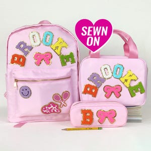 Gepersonaliseerde rugzakset Lunchbox Potloodtas Nylon Custom Swen Chenille Patch School Kid Terug naar school Beginletter Jongen Meisje Student