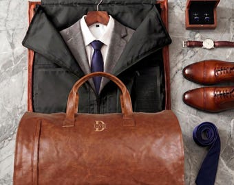 Groomsmen Garment Duffel Bag Personalized Leather Duffle Convertible Suit Shoe Compartment Men's Custom Travel Graduation Father’s Day Gifts