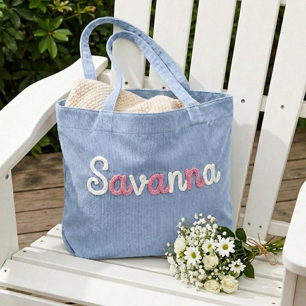 Custom Corduroy Tote Bag with Chenille Name Yarn Letters, Personalized Zipper Work Bag, Bridesmaid Gift Everyday Essential Mother’s Day Gift