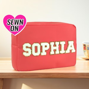 Bolsa de cosméticos extragrande cosida, bolsa de nailon para maquillaje XL personalizada, parche de chenilla con inicial y nombre, bonito estuche de viaje, neceser con FPS