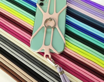 Universal Cell Phone Holder Silicon Common Phone Case with Finger Ring Solid Color Strap Neck Lanyard Sling Necklace Cord Mobile Phone Stand