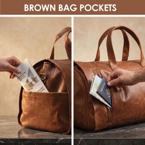 May include: A brown duffel bag featuring an open exterior pocket holding a Modern Art & Design Expo 2024 gallery guide and a zippered side pocket containing a passport and a map. The bag has two top handles and a smooth, textured finish.