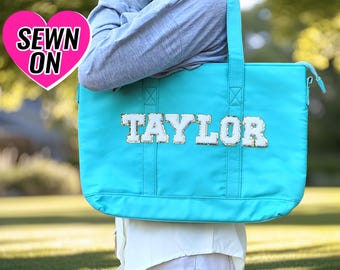 Custom Tote Bag Sewn On Patches Personalized Nylon Tote Bag Chenille Name Initial Letter Patches Overnight Sleepover Trip Gym Dance Teen Bag