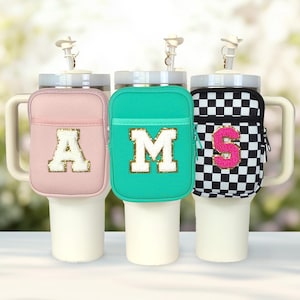 Bolsa de copo personalizada, bolsa para garrafa de água personalizada, acessórios para copos, pochete, letra inicial, patch de nome, 30 onças, 40 onças, 2 bolsos, acessório
