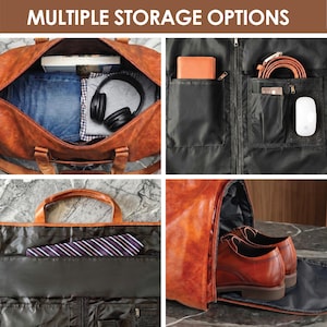 May include: A brown leather garment bag with multiple storage compartments, including a main interior for clothing, internal pockets for accessories, a dedicated tie slot, and a side compartment for shoes. The text MULTIPLE STORAGE OPTIONS is visible.