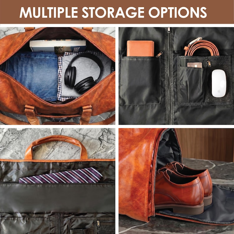 May include: A brown leather garment bag with multiple storage compartments, including a main interior for clothing, internal pockets for accessories, a dedicated tie slot, and a side compartment for shoes. The text MULTIPLE STORAGE OPTIONS is visible.