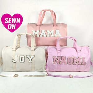 Personalized Duffle Bag Sewn On Patches Nylon Duffle Bag Custom Chenille Name Initial Letter Monogram Overnight Trip Gym Dance Sleepover Bag