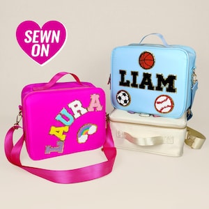 Sac à lunch personnalisé avec sangle Sac à lunch personnalisé en nylon pour enfant, écussons en chenille, monogramme personnalisable, cadeau étudiant, garçon fille