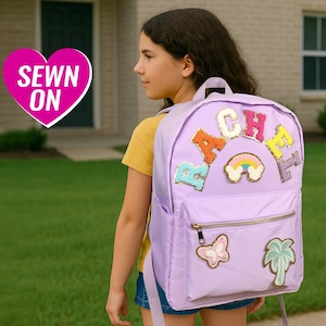 Mochila con parches cosidos, mochila personalizada con monograma, parche de nailon, mochila escolar para niños, regreso a clases, letra personalizada, regalo para niños, niñas y estudiantes