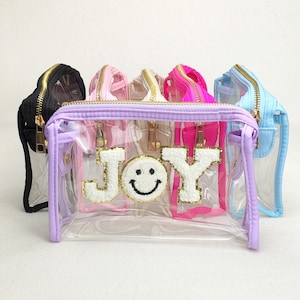 Custom Clear Makeup Bag Personalized Cosmetic Pouch Clear Toiletry Pouch Name Patches Customized Chenille Patch Monogram Letters Bridesmaids
