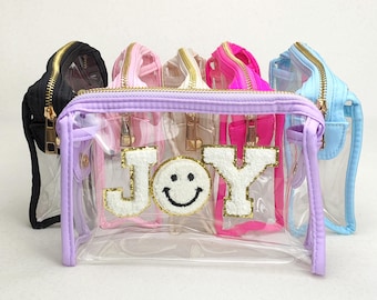 Personalized Clear Makeup Bag Toiletry Bag Cosmetic Bag Nylon Zipper Travel Pouch Custom Initial Chenille Patches Letters Bridesmaid Gift