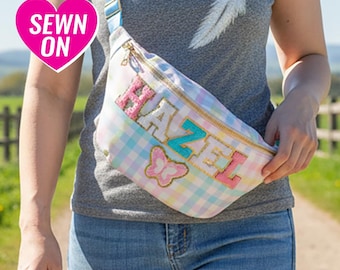 Personalized Jumbo Fanny Pack Sewing Patches Custom Fanny Pack Sewn On Chenille Patch Large Crossbody Bum Bag Chest Bag Waist Pack Plaid