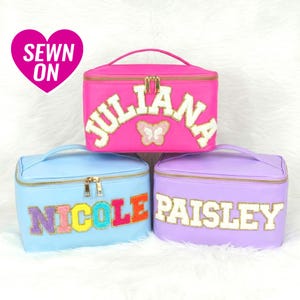 Personalized XL Makeup Bag Cosmetic Case with Handle Custom Nylon Toiletry Pouch Sewn Chenille Patches Vanity Case Bridesmaid Gift