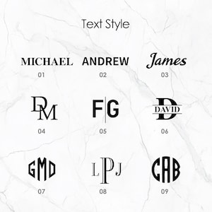 May include: A chart titled Text Style displaying nine black font options on a white marble background. The options include names like MICHAEL, ANDREW, and James, alongside various monogram styles labeled 01 through 09 with initials like DM, FG, GMD, LPJ, and CAB.