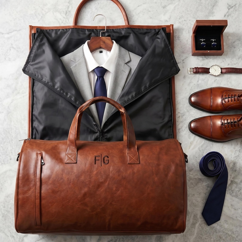 May include: A brown leather garment bag with a vertical zipper and the initials FG embossed on the front. Inside, a light gray suit jacket with a white shirt and a navy blue tie hangs on a wooden hanger. Accessories include cufflinks, a watch, and shoes.